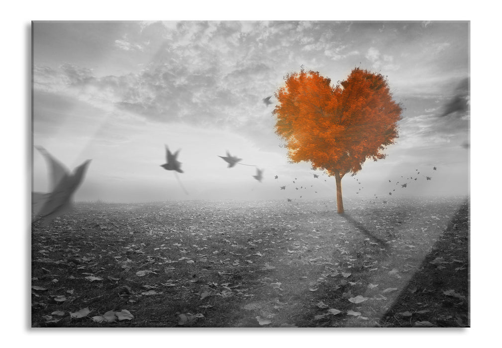 Pixxprint Roter Herzbaum im Herbst, Glasbild