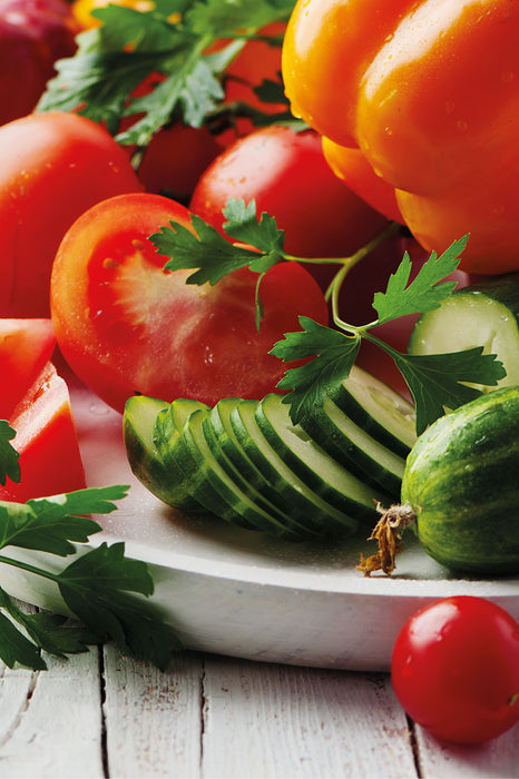 Obst Gemüse Gurke Tomaten, Glasbild