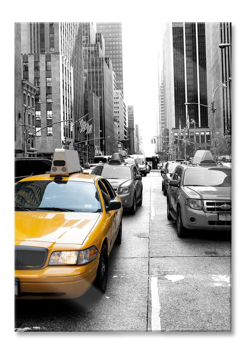 Pixxprint Gelbes Taxi in New York schwarz/weiß, Glasbild
