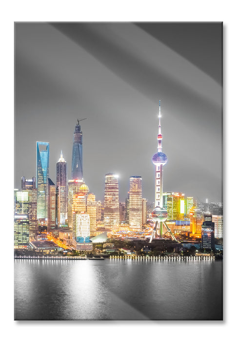 Pixxprint Shanghai Skyline bei Nacht, Glasbild