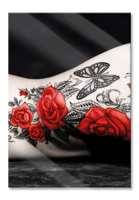 Pixxprint rotes Rosen Tattoo mit Schmetterling, Glasbild