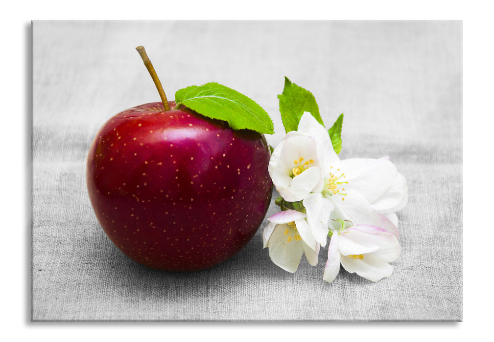 Pixxprint Schöner roter Apfel mit Blüten, Glasbild