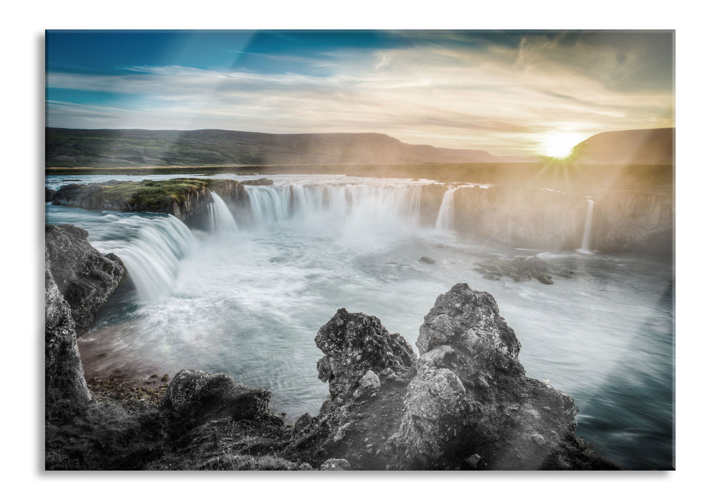 Goðafoss bei Sonnenuntergang, Glasbild