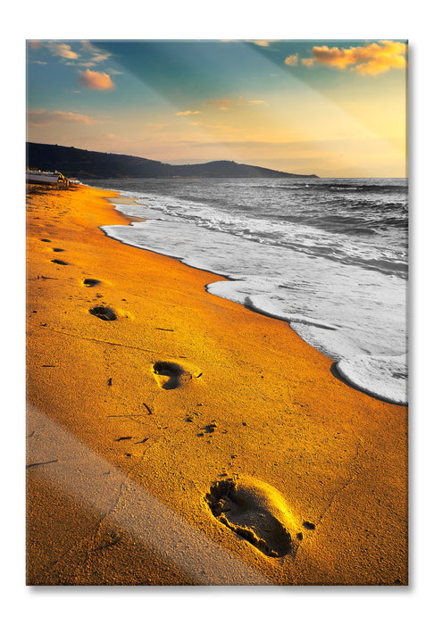 Pixxprint Spuren Im Sand am weiten Meer, Glasbild