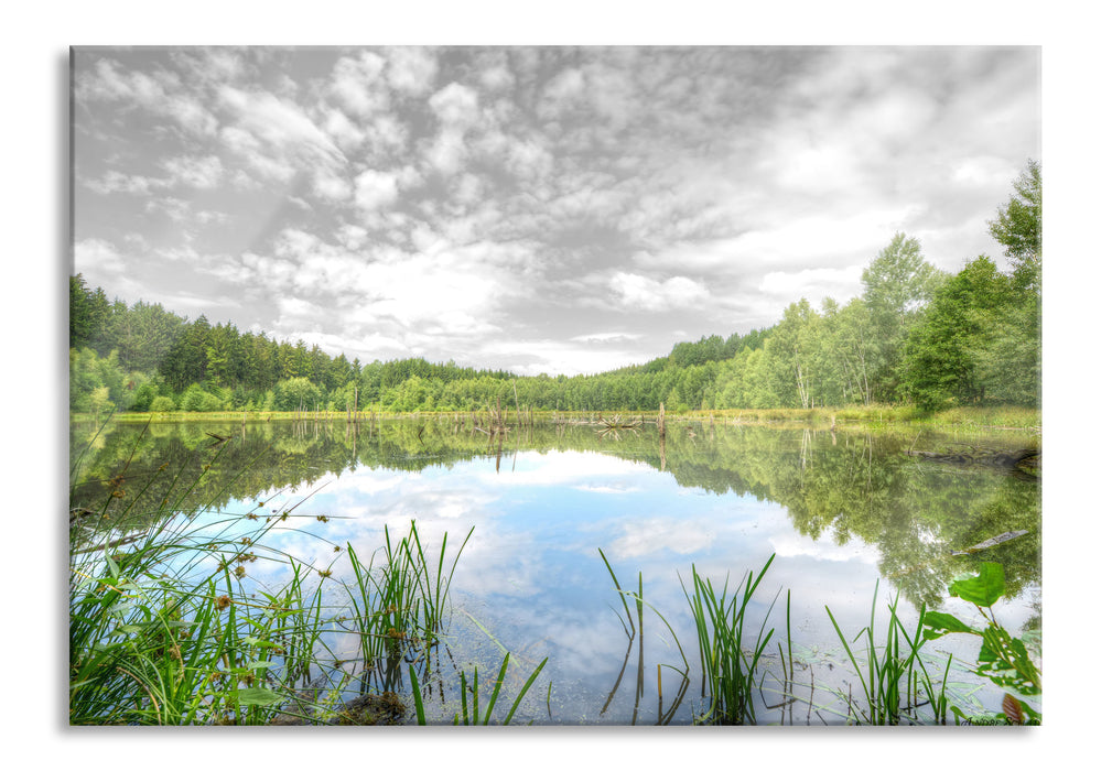 traumhafter See in grünem Wald, Glasbild