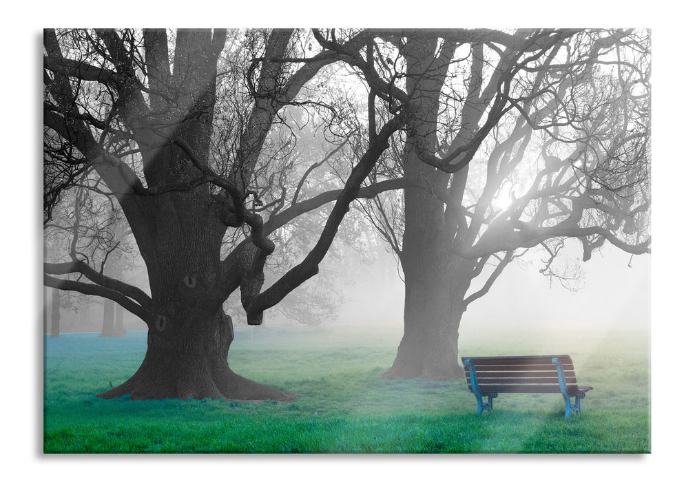 Einsame Bank im Nebel, Glasbild