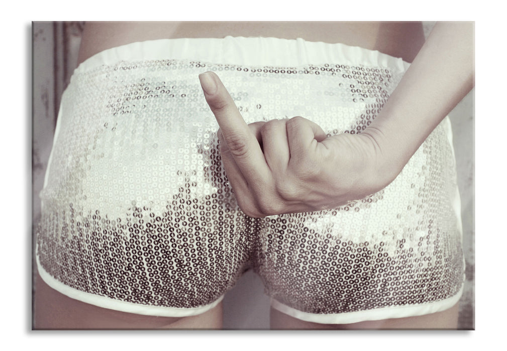 Pixxprint Frauenpo mit Mittelfinger, Glasbild
