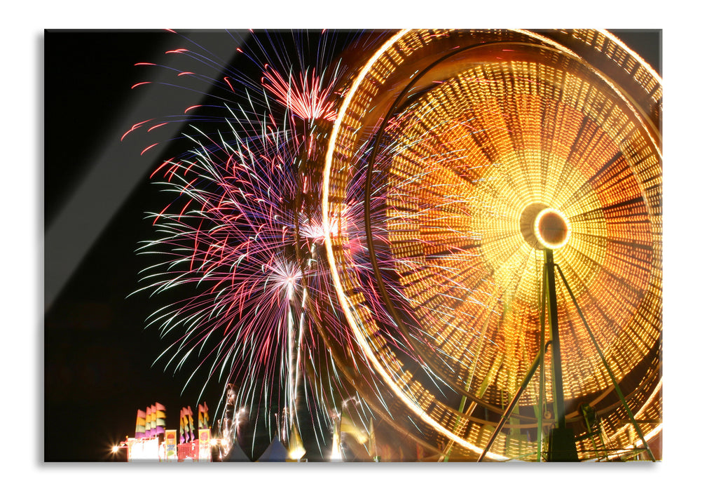 Pixxprint Jahrmarkt mit Feuerwerk, Glasbild