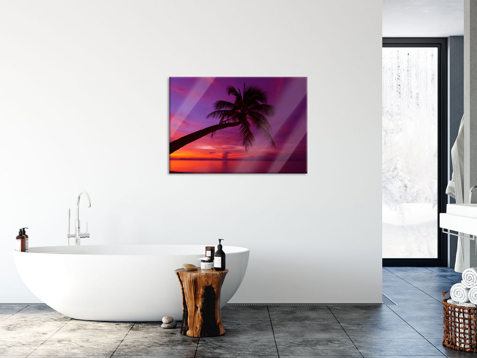 Palme am Meer mit Sonnenuntergang, Glasbild