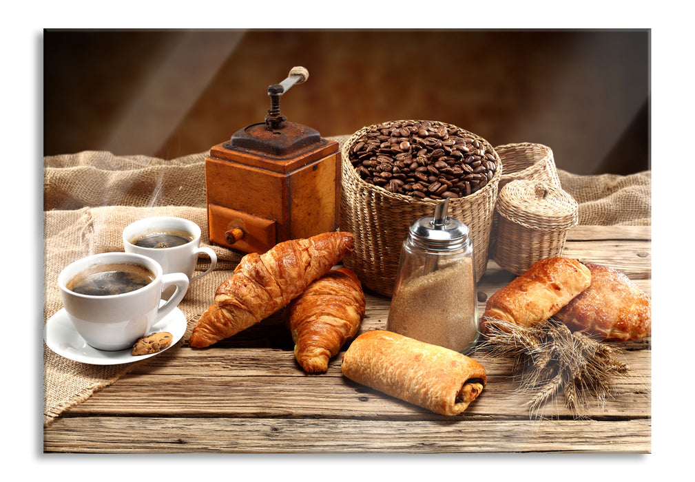 Pixxprint Aromatischer Kaffee mit Croissant, Glasbild