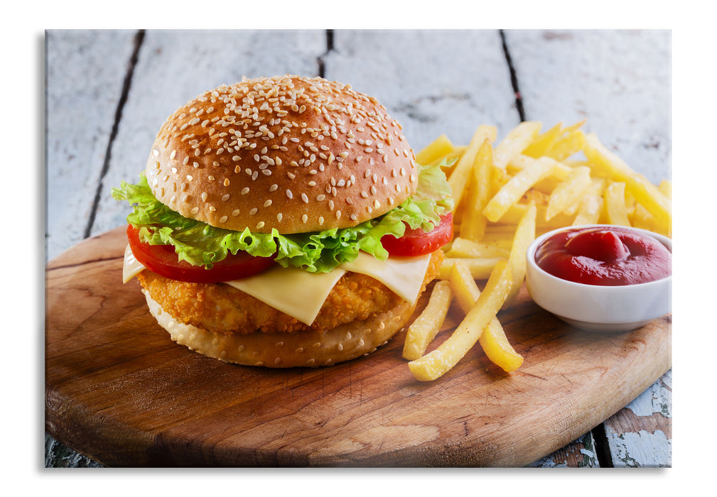 Pixxprint Chickenburger Pommes, Glasbild