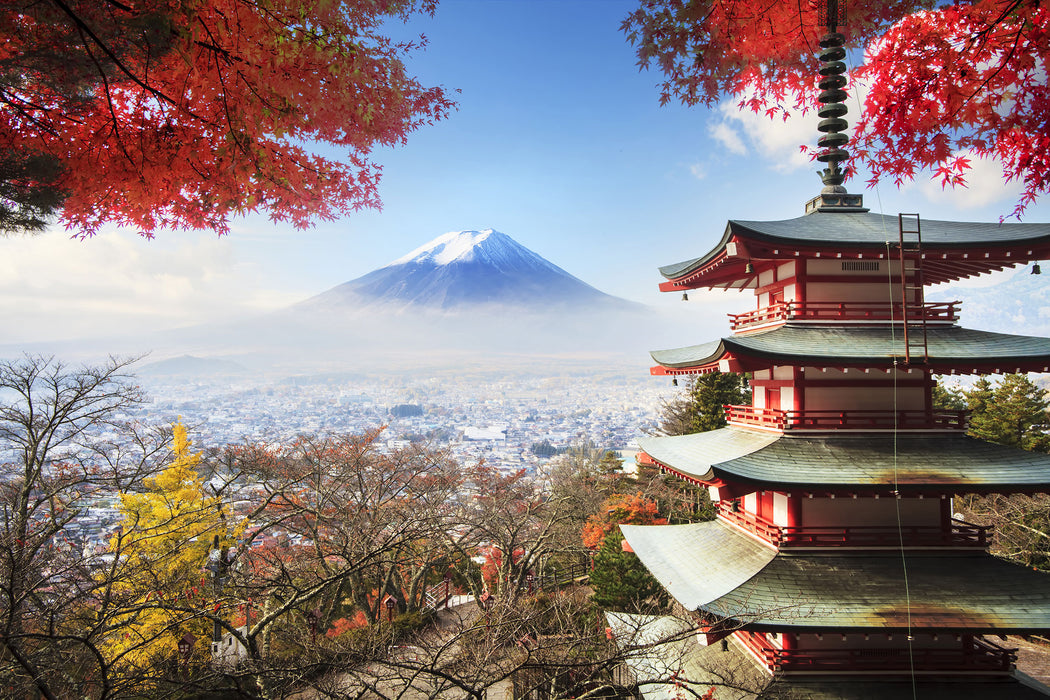 Japanischer Tempel im Herbst, Glasbild