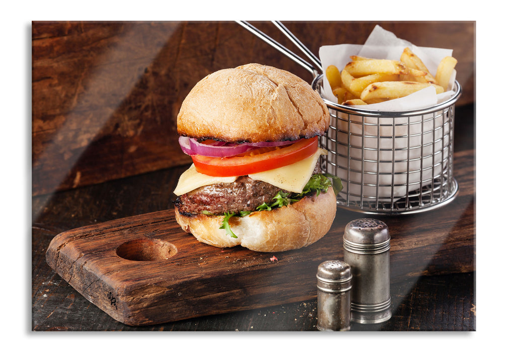 Pixxprint Cheesburger mit Pommes, Glasbild