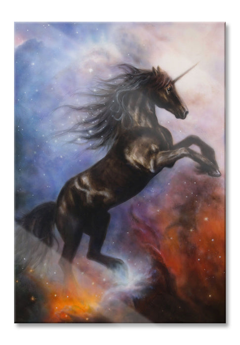 Pixxprint Traumhaftes schwarzes Einhorn, Glasbild