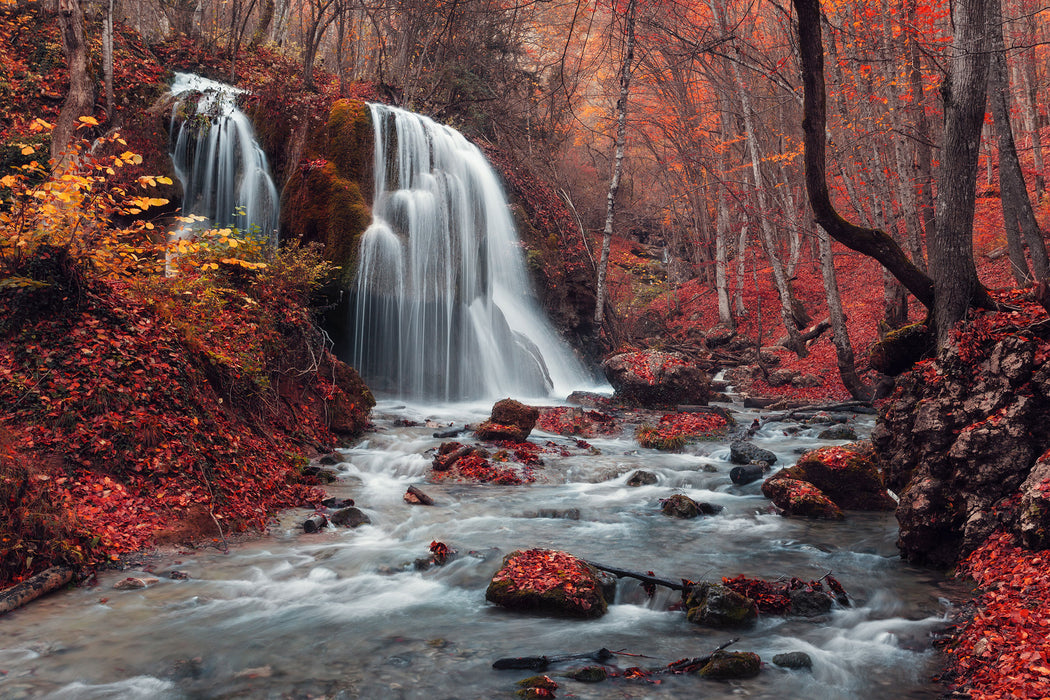 Wasserfall im Wald, Glasbild