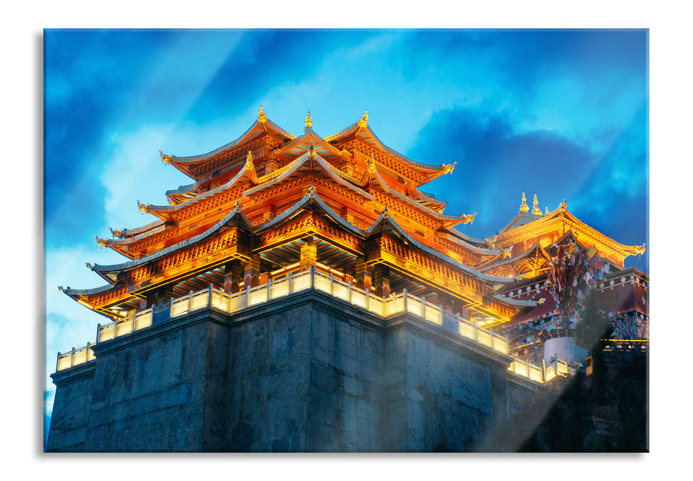 Pixxprint Leuchtender Tempel in China, Glasbild