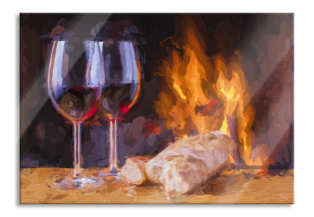 Pixxprint Wein und Baguette am Kamin, Glasbild