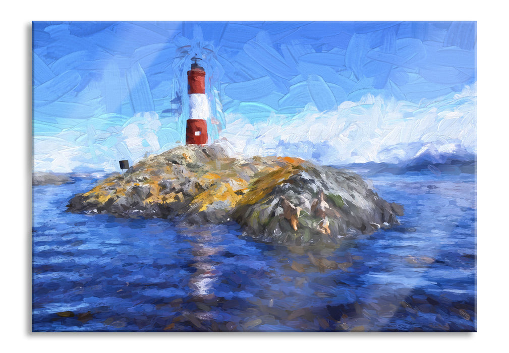 Pixxprint Leuchtturm mit Robben, Glasbild