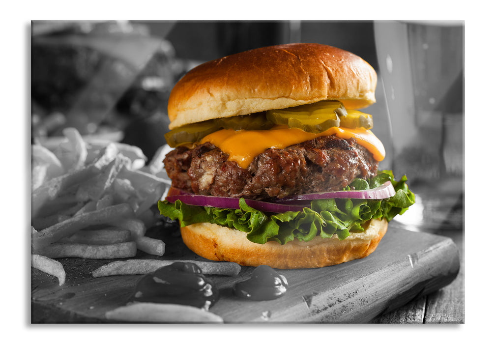 Pixxprint Saftiger Chili Cheese Burger, Glasbild