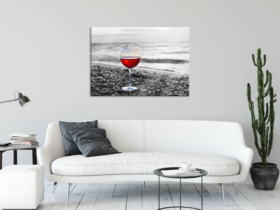 Weinglas am Strand, Glasbild