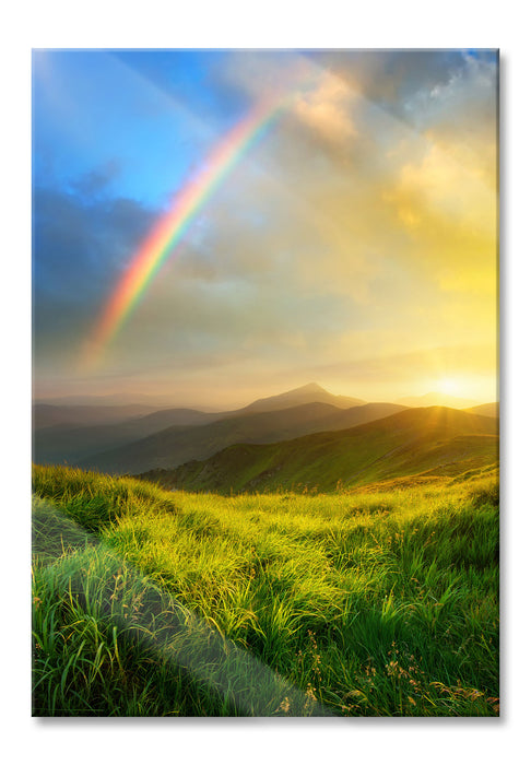 Pixxprint Berge mit Regenbogen am Himmel, Glasbild