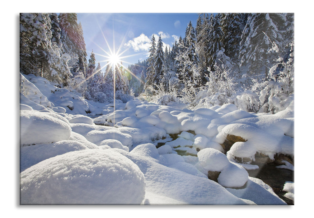 Pixxprint Sonnenstrahlen im Wald, Glasbild