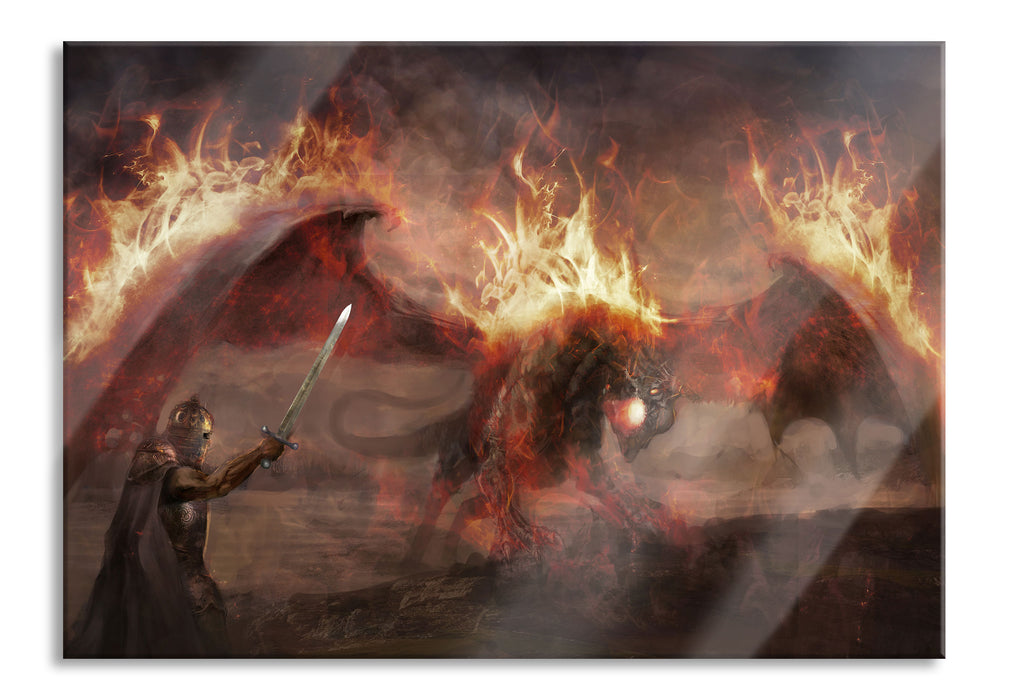 Pixxprint Ritter Drachen Feuer, Glasbild