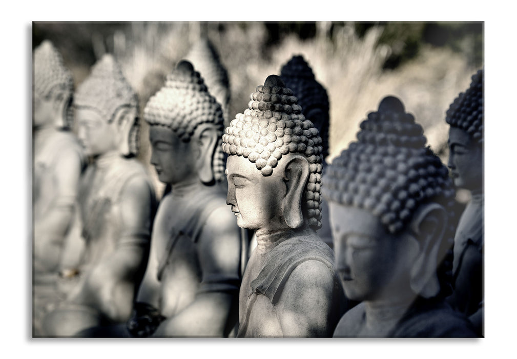 Pixxprint Buddha-Statuen in einer Reihe, Glasbild