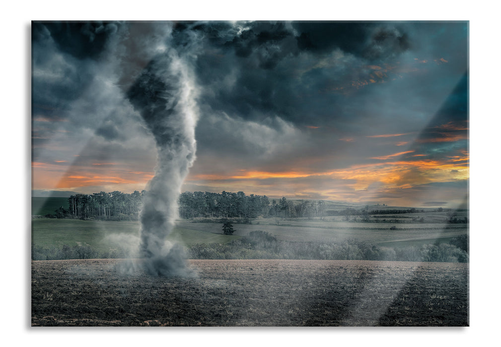 Pixxprint Schwarzer Tornado auf dem Feld, Glasbild