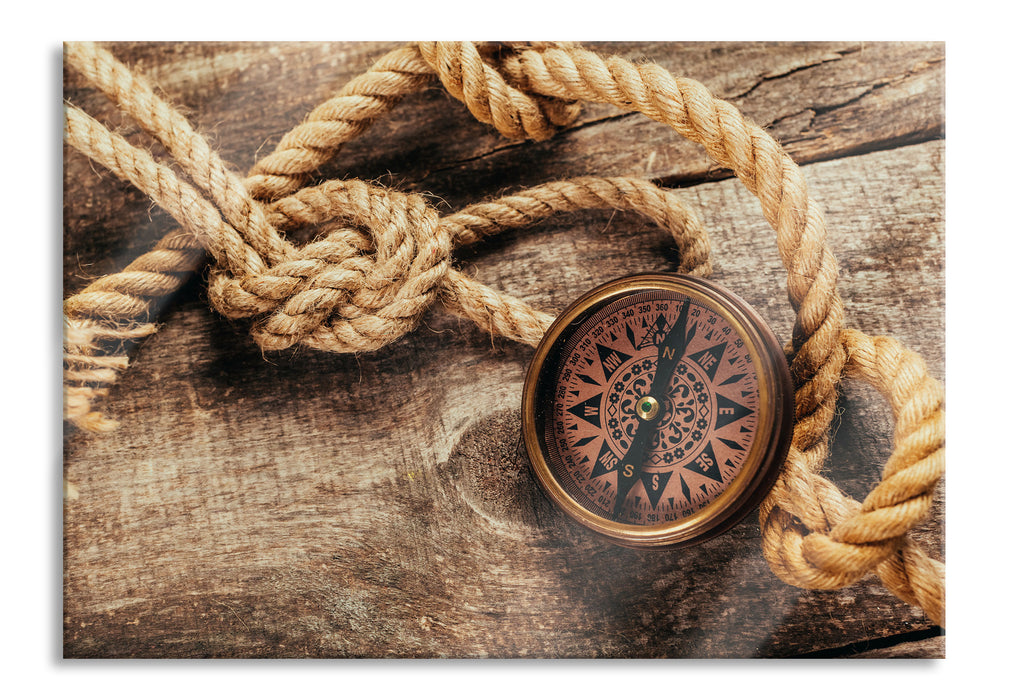Pixxprint Schiffseil und Kompass, Glasbild