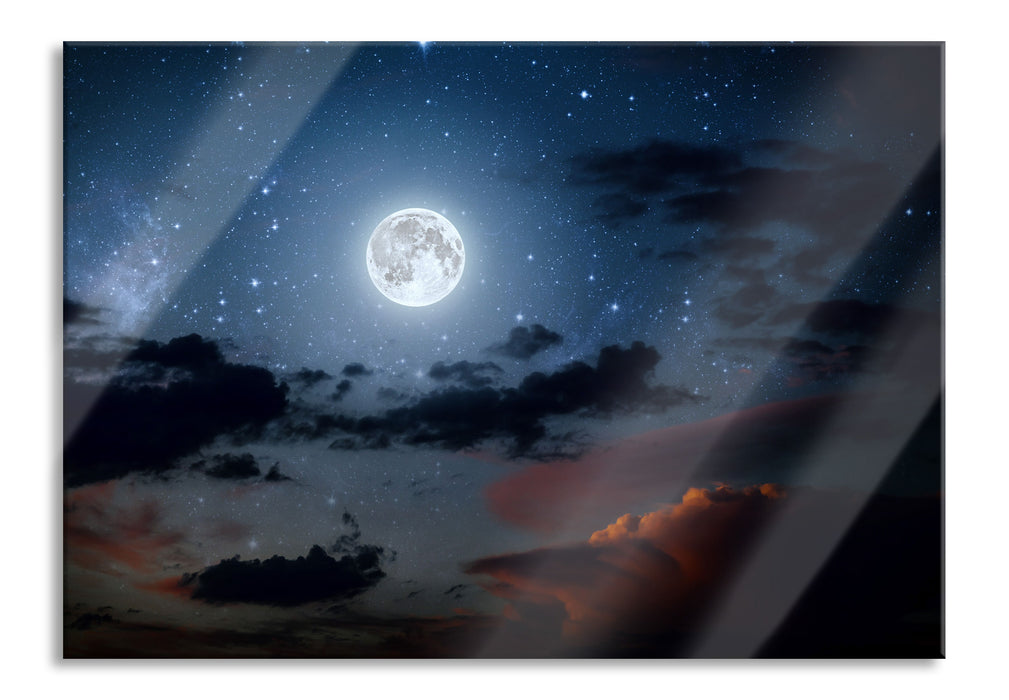 Leuchtender Mond am Nachthimmel, Glasbild