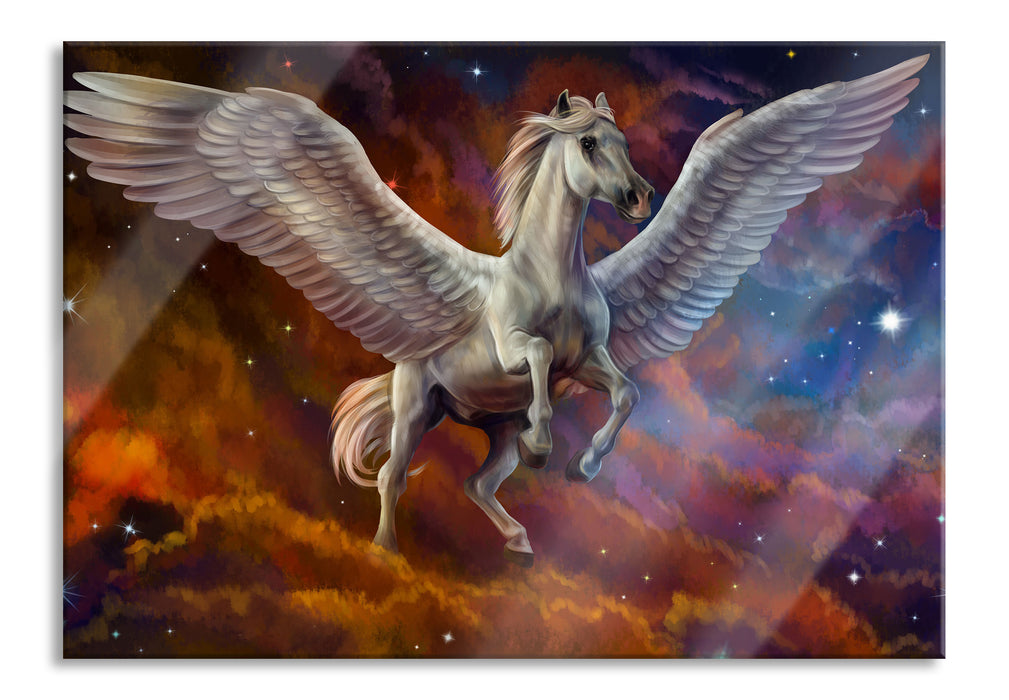 Pixxprint Weißer Pegasus mit Engelsflügel, Glasbild