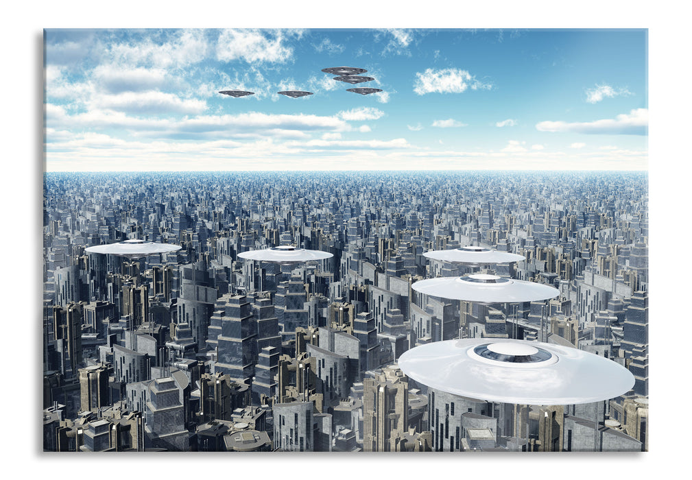 Pixxprint Ufo´s über der Stadt, Glasbild