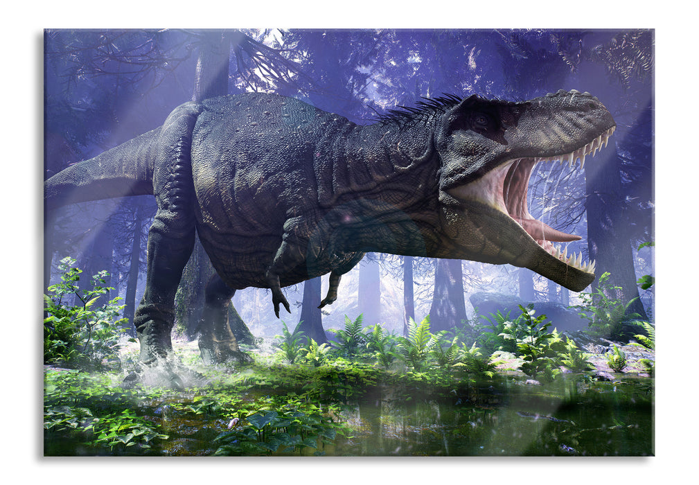 Pixxprint T-Rex Dinosaurier im Wald, Glasbild