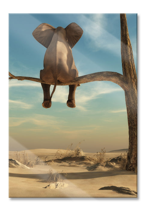 Elefant auf einem Ast in der Wüste, Glasbild