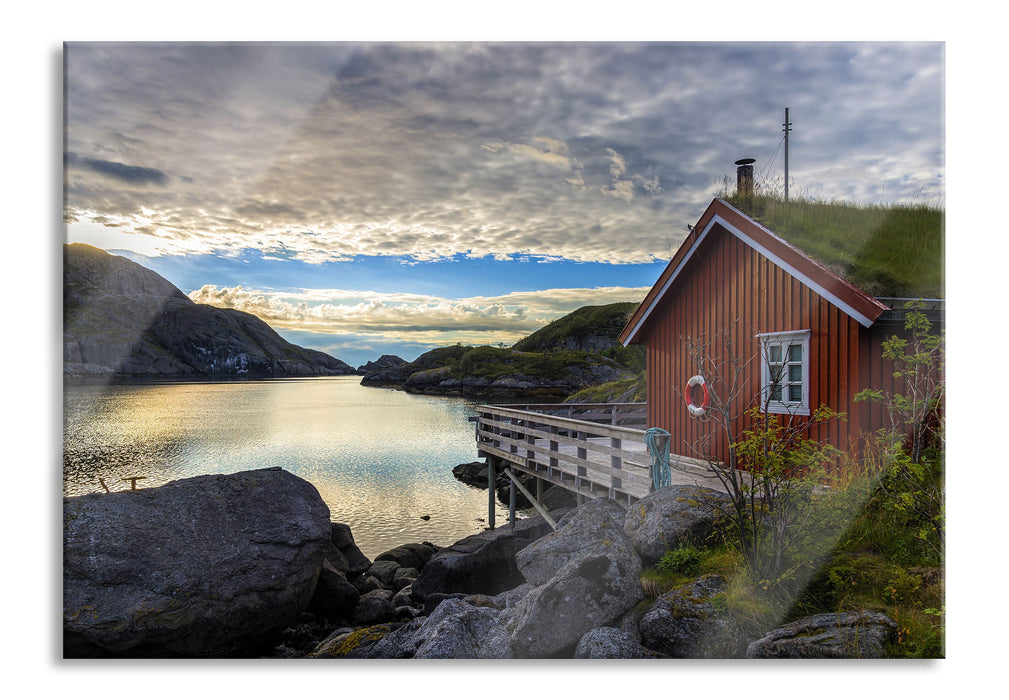 Pixxprint Sonnenaufgang am Fjord Norwegens, Glasbild