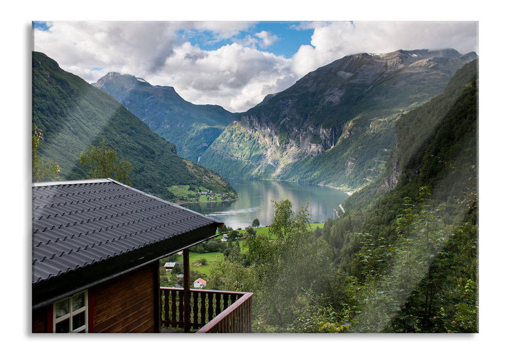 Pixxprint Hütte in schöner Umgebung, Glasbild