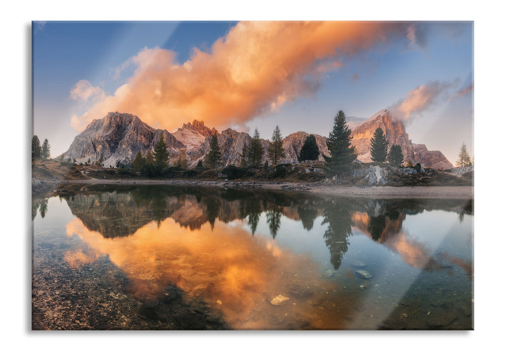 Pixxprint bunte Dolomiten am See Limides, Glasbild