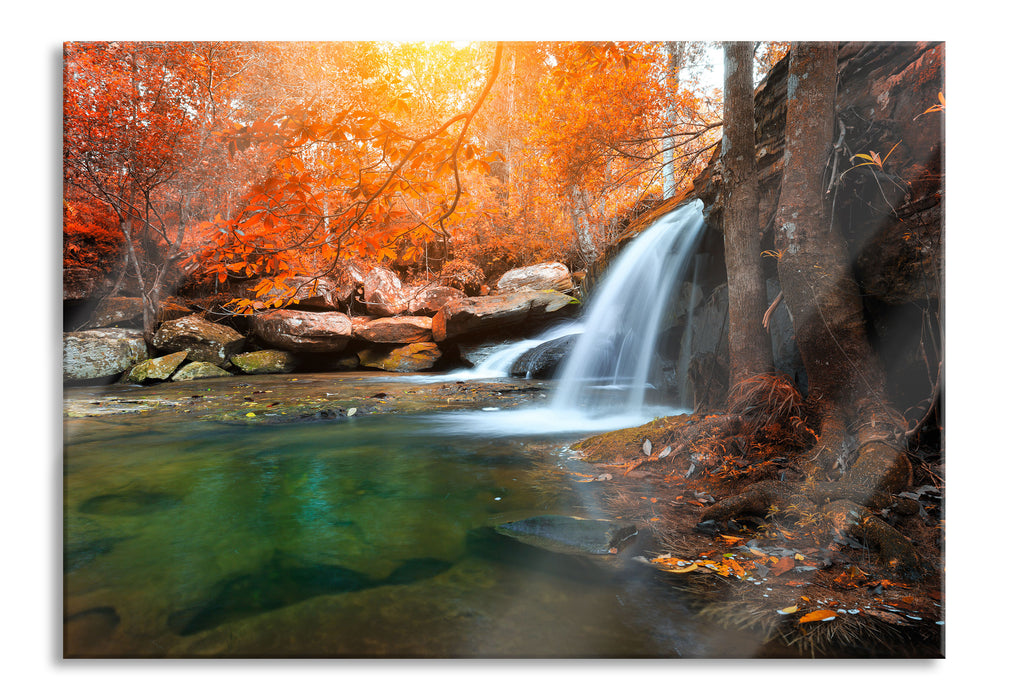 Pixxprint Wasserfall im Wald, Glasbild