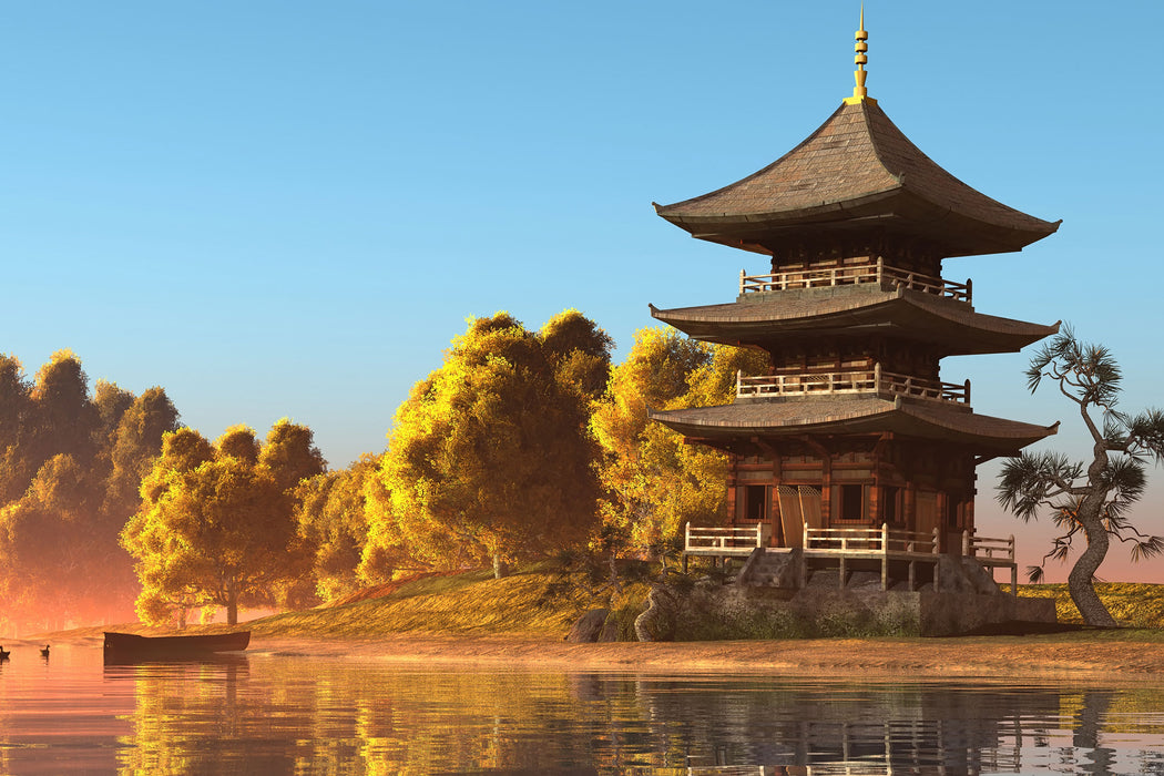 asiatischer Tempel an See, Glasbild