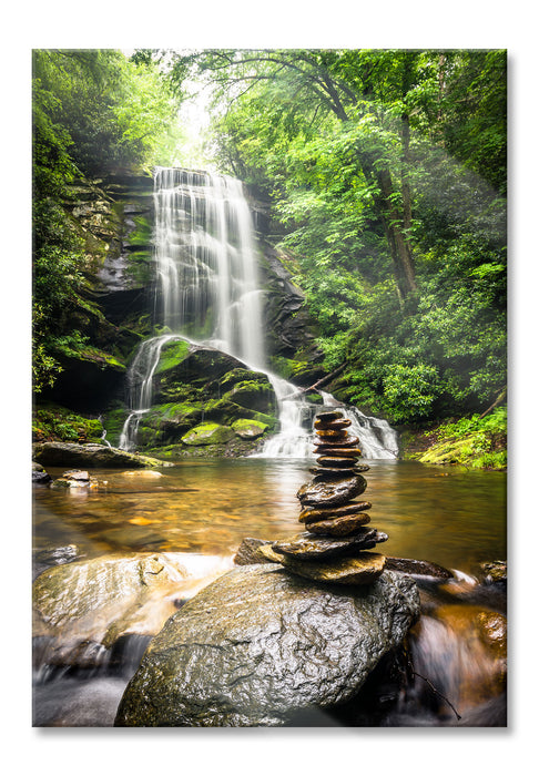 Zen Steine vor Wasserfall, Glasbild