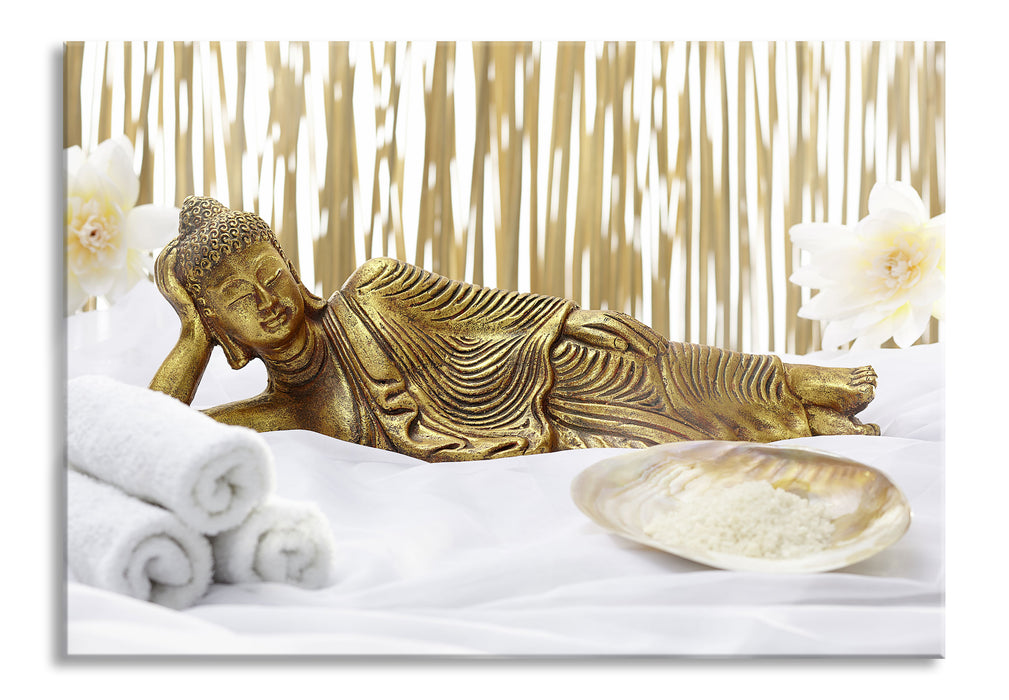 goldener Buddha auf Handtuch, Glasbild