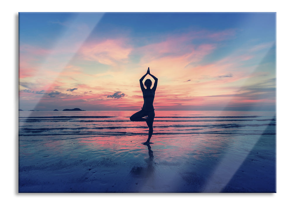 Pixxprint Yoga am Strand, Glasbild