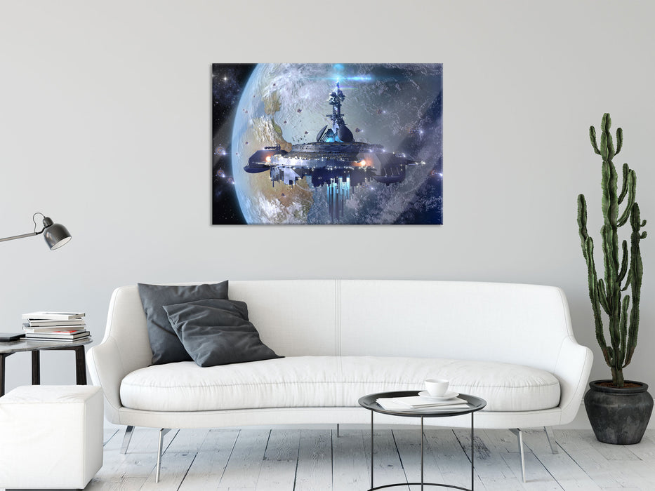 Raumschiff vor der Erde, Glasbild