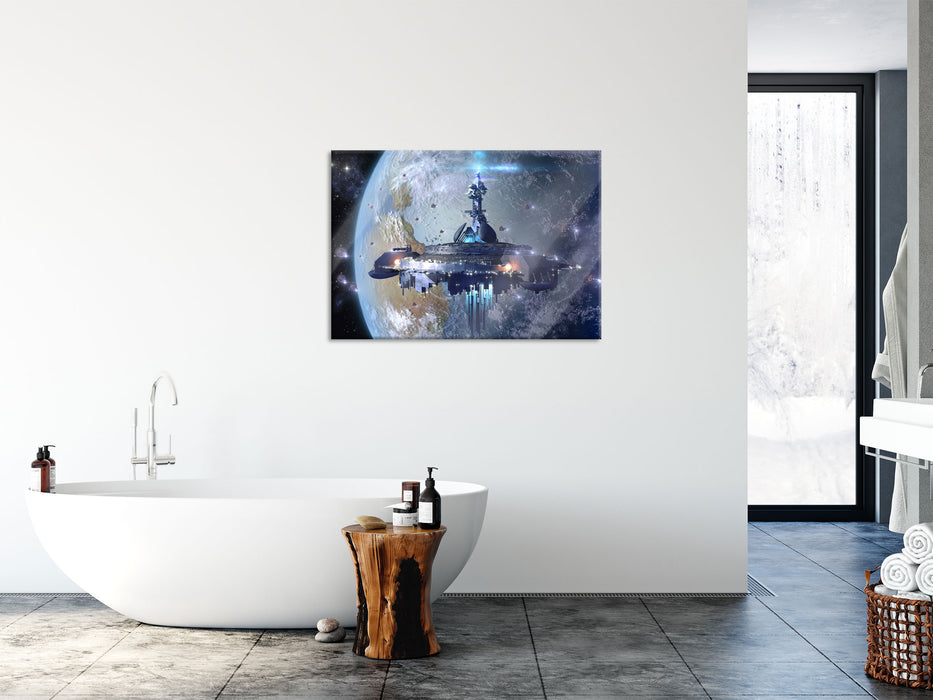 Raumschiff vor der Erde, Glasbild