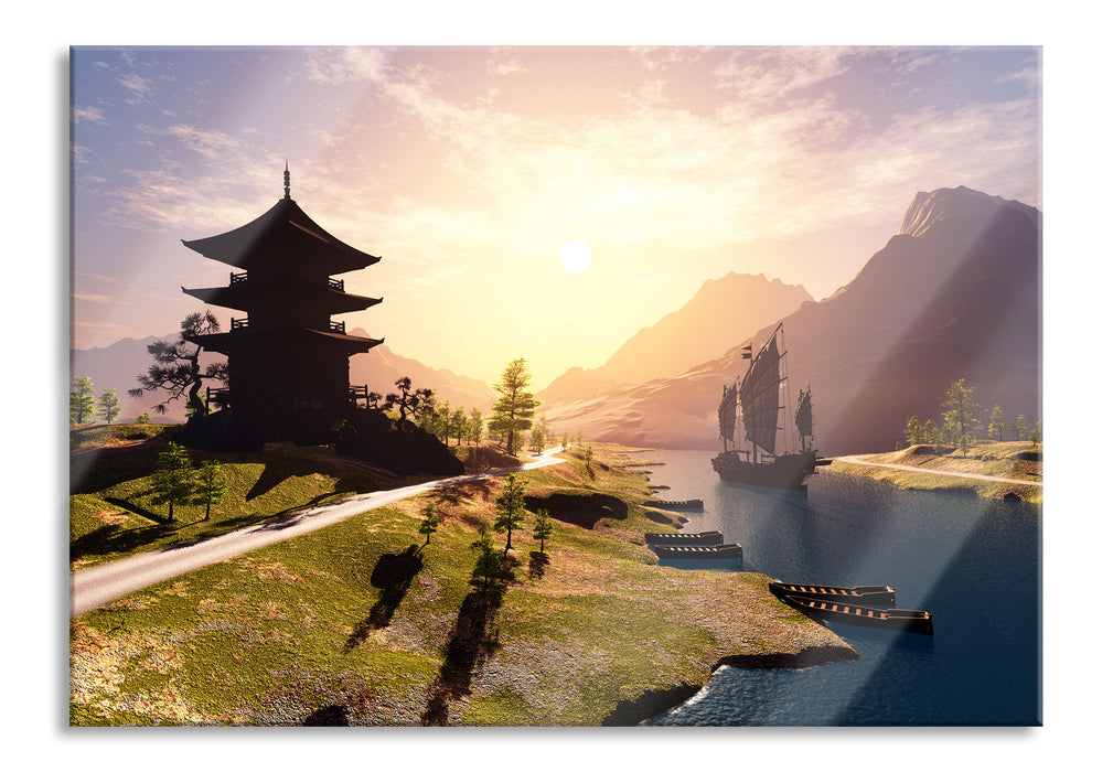Pixxprint asiatischer Tempel an Fluss, Glasbild