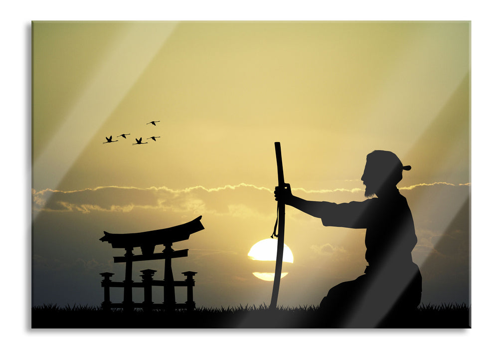 Pixxprint Samurai-Meister vor Horizont, Glasbild