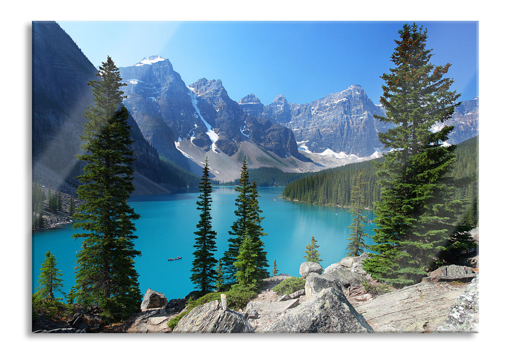 Pixxprint Moraine Lake kanadische Berge, Glasbild