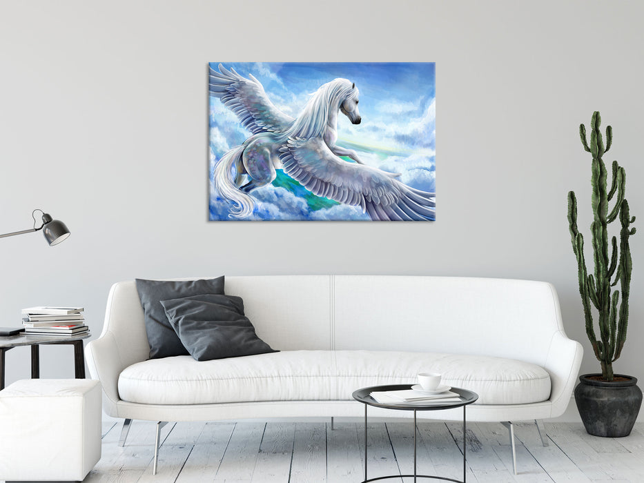 Pegasus fliegt über den Wolken, Glasbild