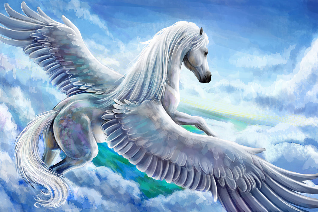 Pegasus fliegt über den Wolken, Glasbild